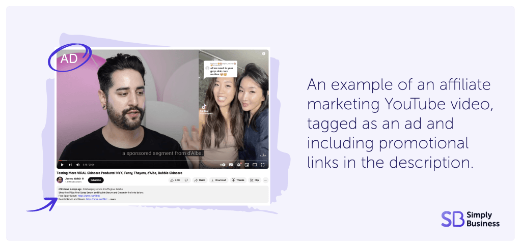 Example of affiliate marketing on a YouTube video